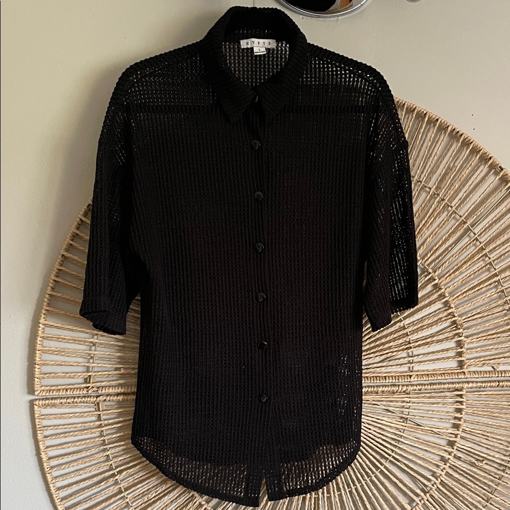 HYFVE Black Open-Knit Short-Sleeve Button down Shirt size L